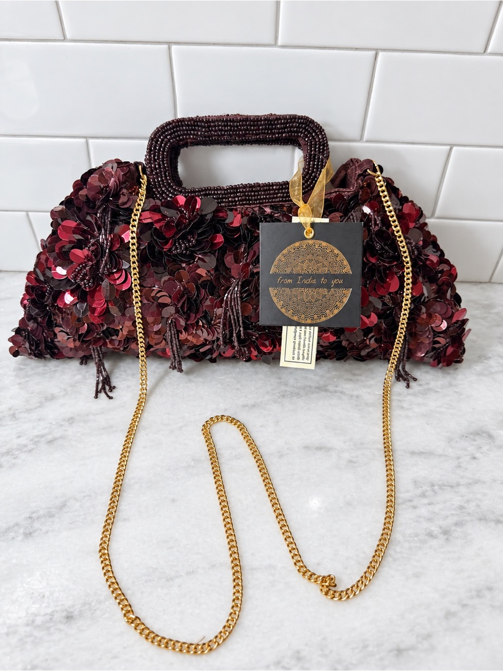 Made In India Burgundy Beaded Sequin Clutch Rectangle Top Handle, Gold Chain NWT